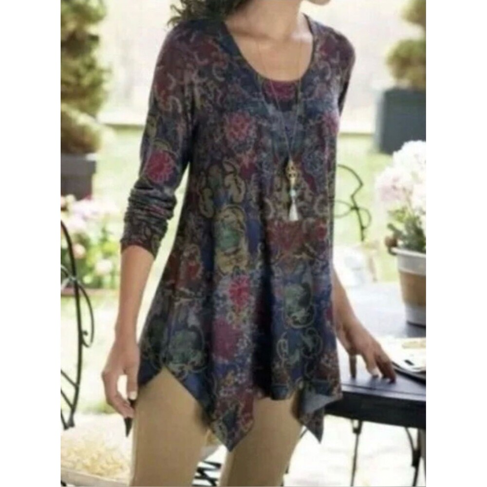 Soft Surroundings High Low Hem Multicolor Paisley scoop neck Long Sleeve Tunic